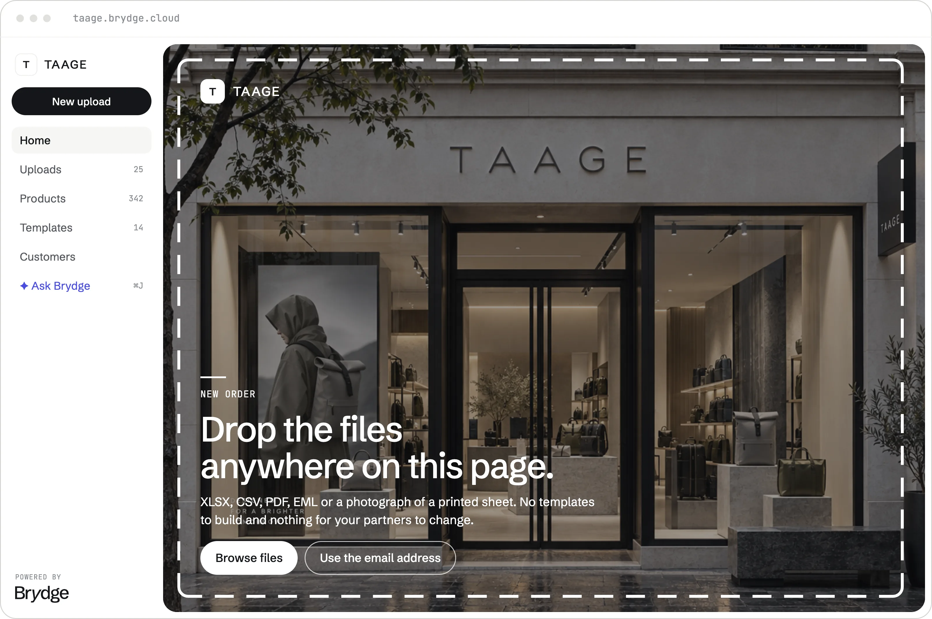 The Brydge upload screen, branded for TAAGE, with the whole page ready for order files to be dropped in