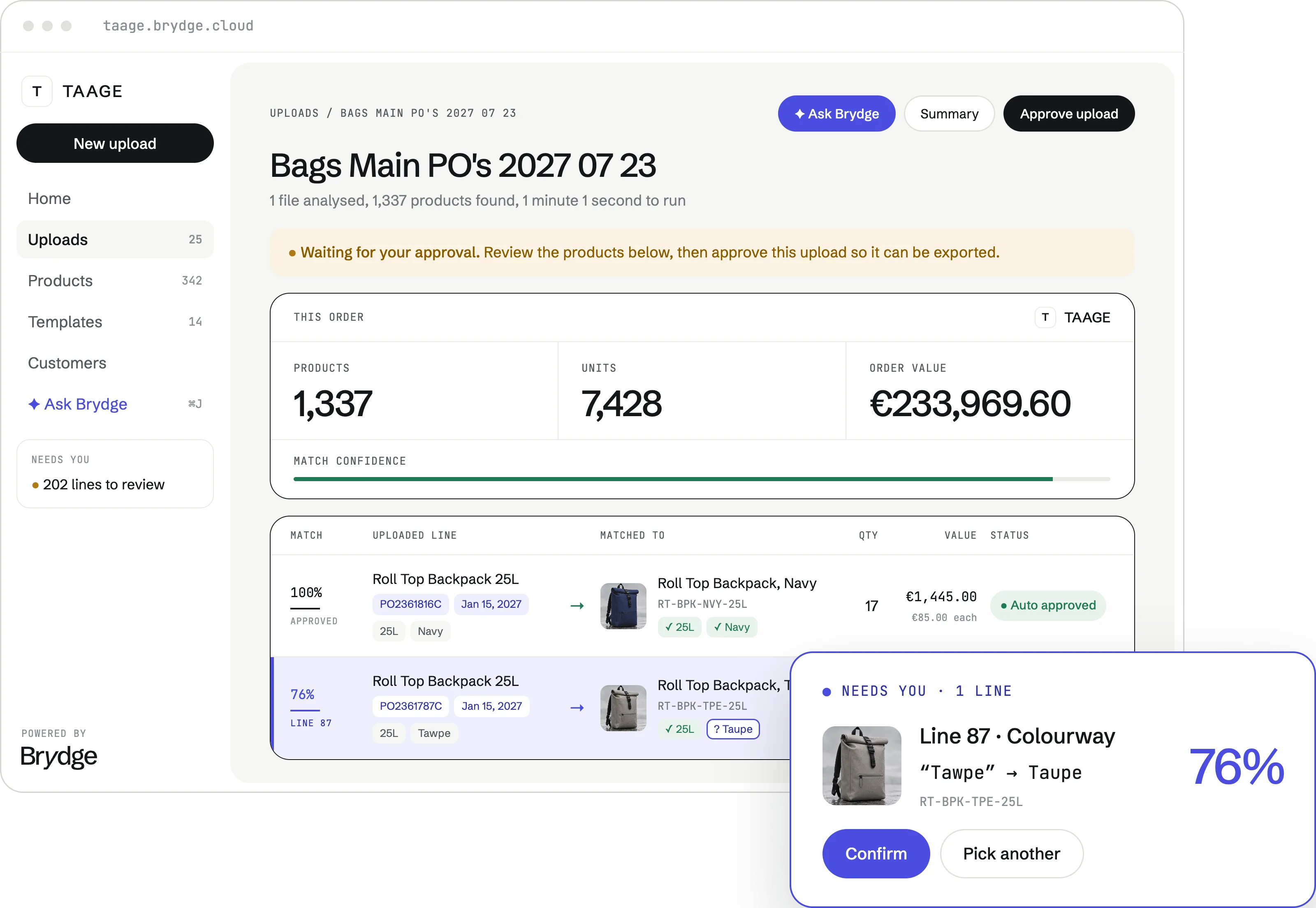 An upload in Brydge showing 1,337 products matched, with one line at 76% confidence waiting for someone to confirm it